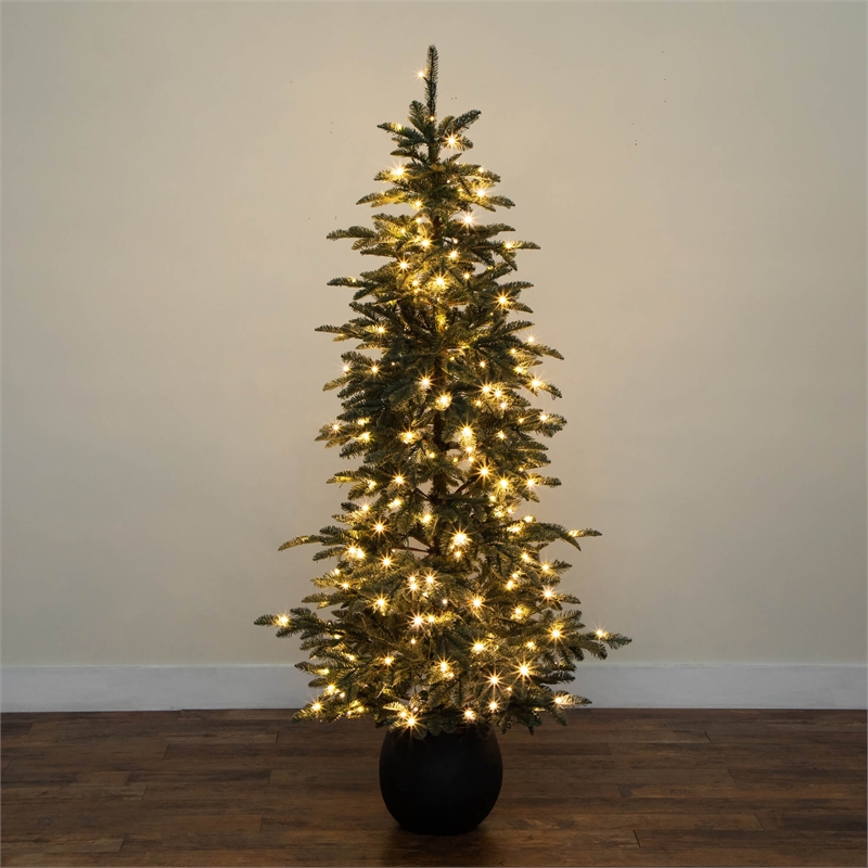 Nearly Natural 6ft Pre-Lit Pine Christmas Tree in Round Black Planter