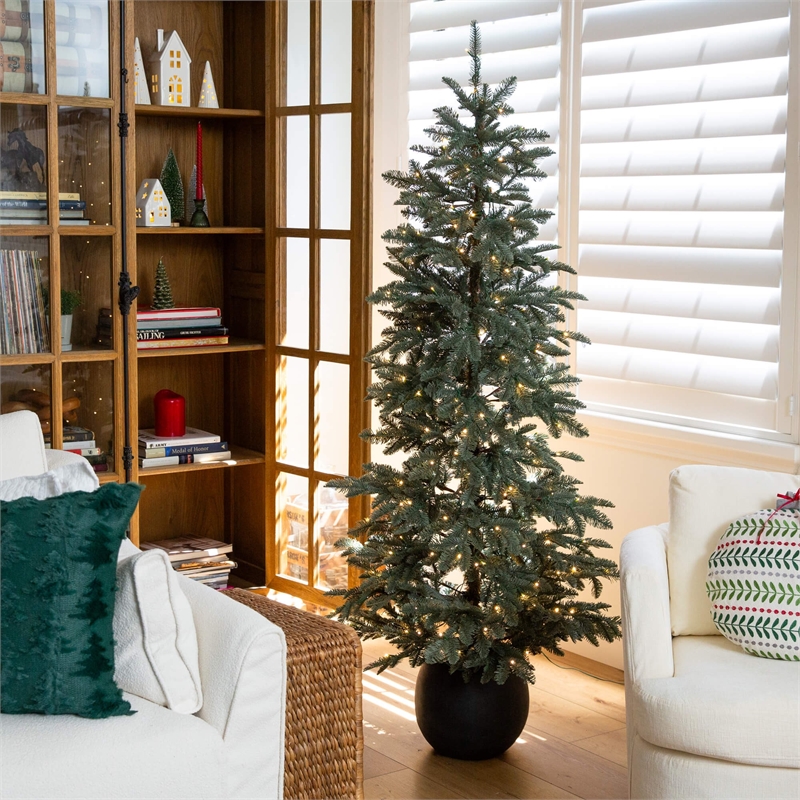 Nearly Natural 6ft Pre-Lit Pine Christmas Tree in Round Black Planter