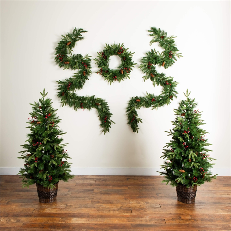Nearly Natural 5 Piece Pre-Lit Christmas Holiday Bundle