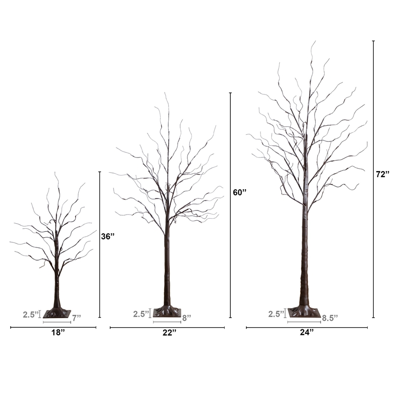 Nearly Natural 3ft 5ft 6ft Brown Birch Trees w/ Warm White LED - Set of 3