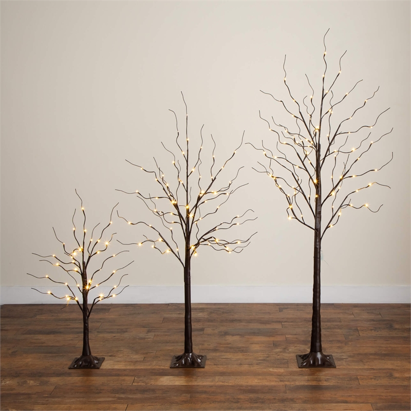 Nearly Natural 3ft 5ft 6ft Brown Birch Trees w/ Warm White LED - Set of 3