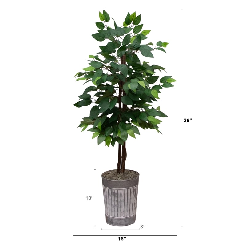 Nearly Natural 3ft Artificial Double Trunk Ficus Tree in Metal Planter in Green