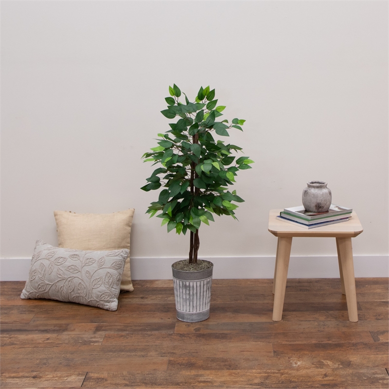 Nearly Natural 3ft Artificial Double Trunk Ficus Tree in Metal Planter in Green