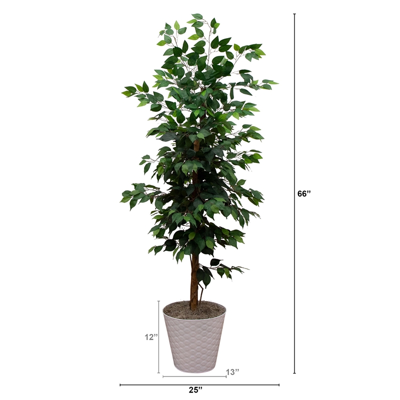 Nearly Natural 5.5ft Artificial Ficus Double Stalk Tree in Hexagon Metal Planter