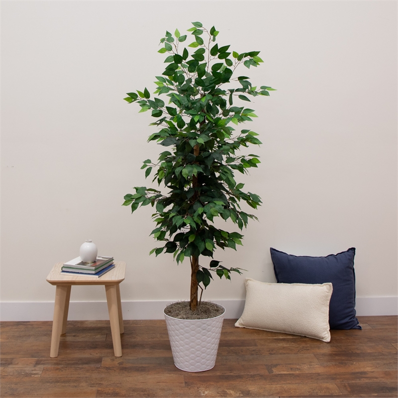 Nearly Natural 5.5ft Artificial Ficus Double Stalk Tree in Hexagon Metal Planter