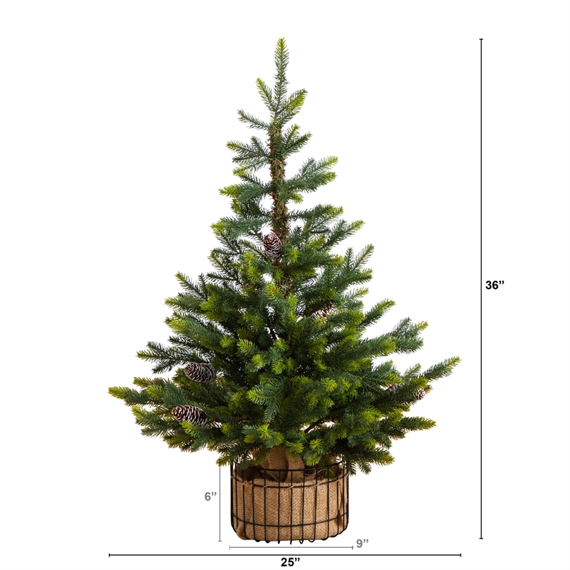 Nearly Natural 3ft Artificial Balsam Fir Christmas Tree in Jute Wire Planter