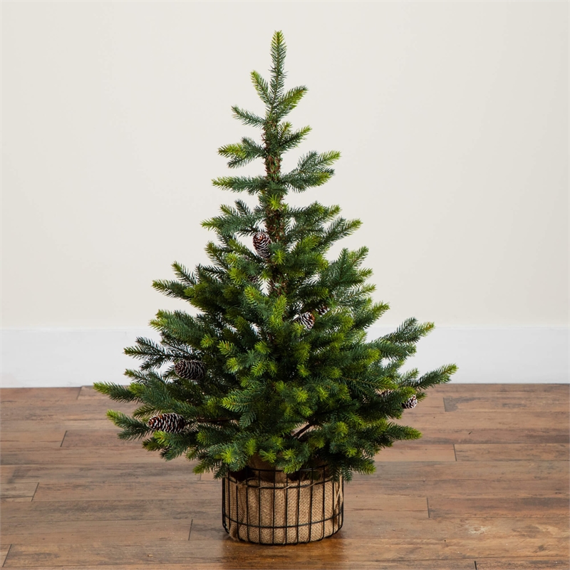 Nearly Natural 3ft Artificial Balsam Fir Christmas Tree in Jute Wire Planter