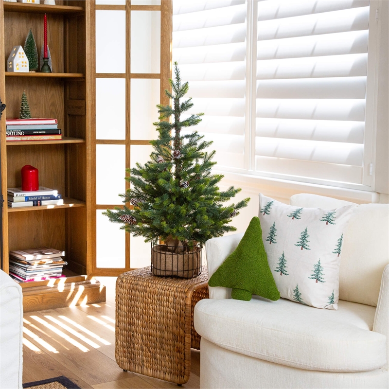 Nearly Natural 3ft Artificial Balsam Fir Christmas Tree in Jute Wire Planter