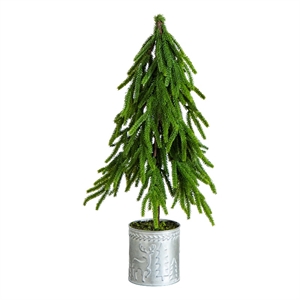 Nearly Natural 20&quot Down Swept Norfolk Island Pine in Christmas Tin Metal Planter