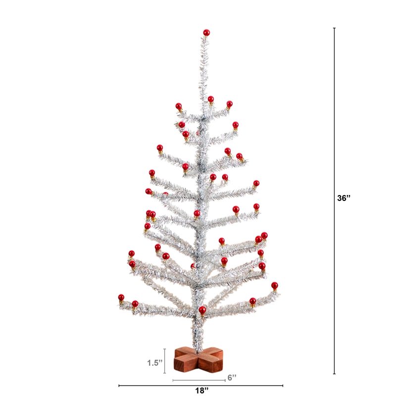 Nearly Natural 3ft Retro Silver Tinsel Christmas Tree with 45 Red Mini Ornament