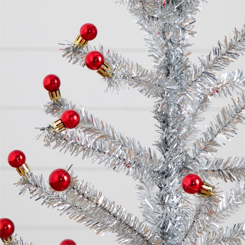 Nearly Natural 3ft Retro Silver Tinsel Christmas Tree with 45 Red Mini Ornament