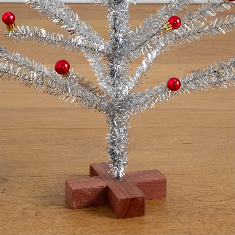 Nearly Natural 3ft Retro Silver Tinsel Christmas Tree with 45 Red Mini Ornament