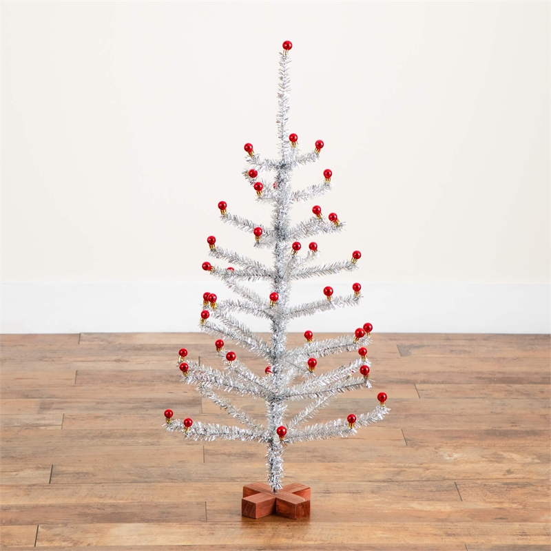 Nearly Natural 3ft Retro Silver Tinsel Christmas Tree with 45 Red Mini Ornament