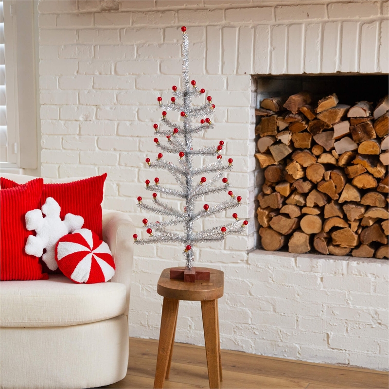 Nearly Natural 3ft Retro Silver Tinsel Christmas Tree with 45 Red Mini Ornament