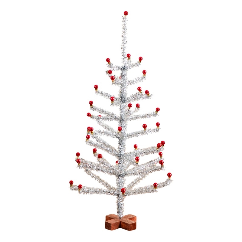 Nearly Natural 3ft Retro Silver Tinsel Christmas Tree with 45 Red Mini Ornament