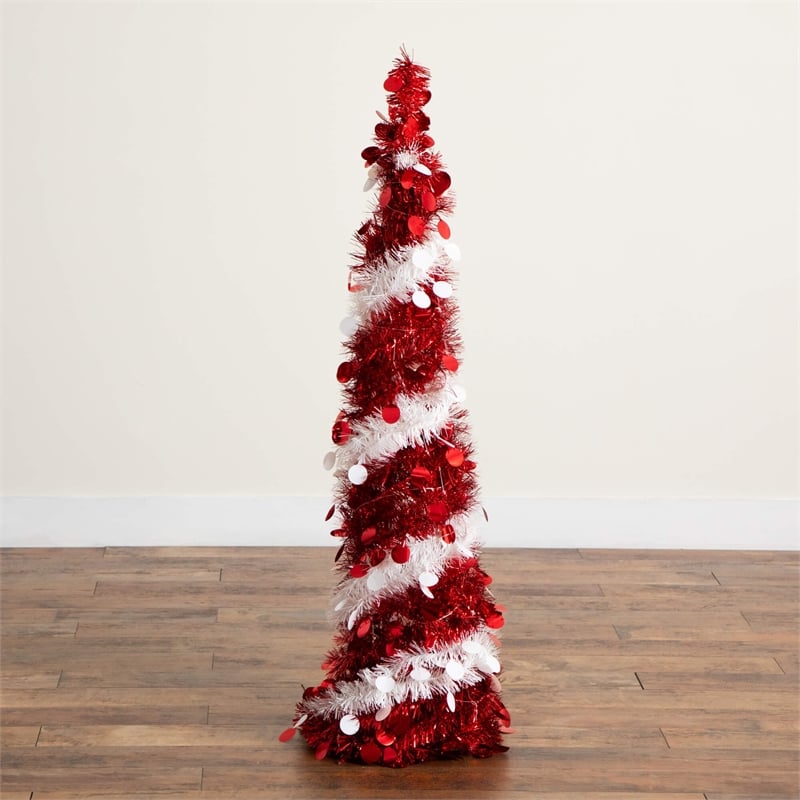 Nearly Natural 4ft Pre-Lit Pop up Red & White Tinsel Christmas Tree with 50 LED