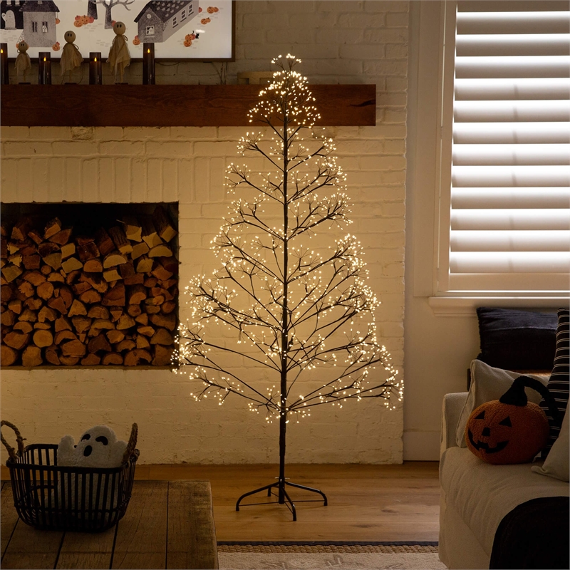 Nearly Natural 6ft Pre-Lit Halloween Black Starburst Tree w/ 1680 Warm White LED