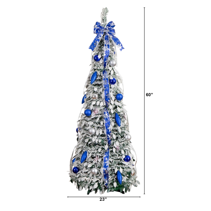 Nearly Natural 5ft Pre-Lit Pop Up Flocked Christmas Tree w/ Ornaments in Silver