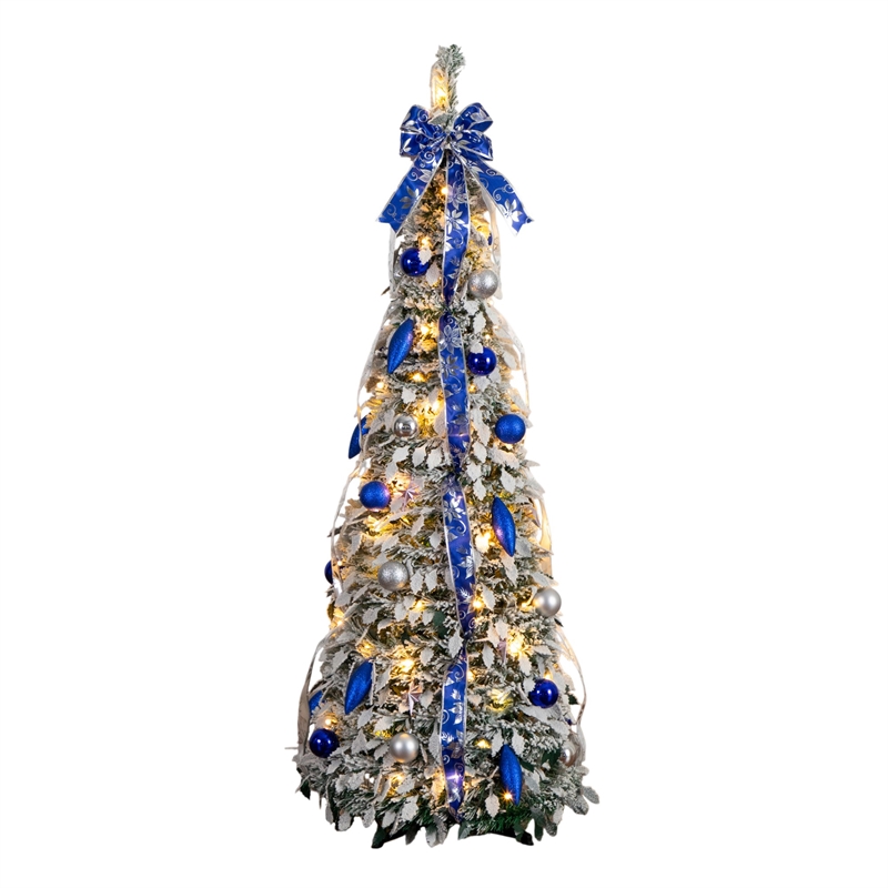 Nearly Natural 5ft Pre-Lit Pop Up Flocked Christmas Tree w/ Ornaments in Silver