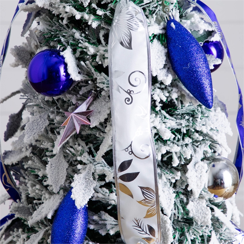 Nearly Natural 5ft Pre-Lit Pop Up Flocked Christmas Tree w/ Ornaments in Silver