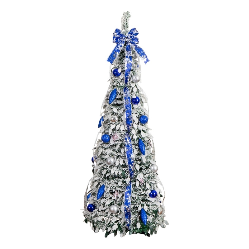Nearly Natural 5ft Pre-Lit Pop Up Flocked Christmas Tree w/ Ornaments in Silver