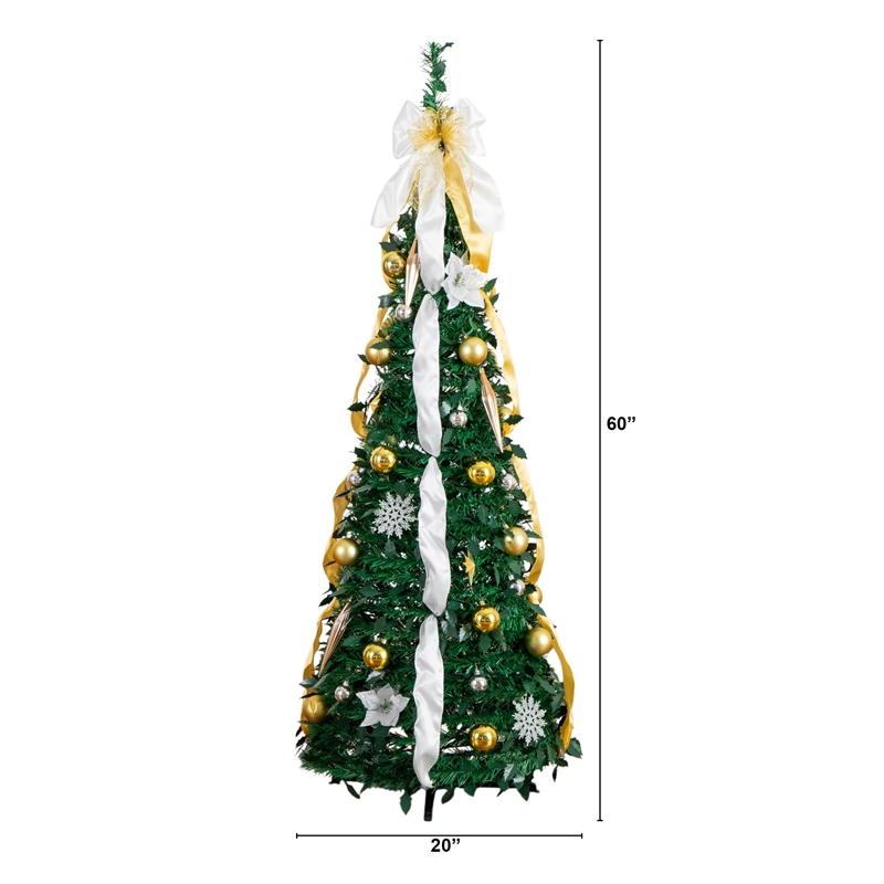Nearly Natural 5ft Pre-Lit Pop up Christmas Tree with Gold & Silver Ornaments