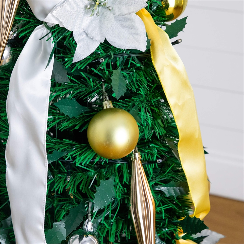 Nearly Natural 5ft Pre-Lit Pop up Christmas Tree with Gold & Silver Ornaments