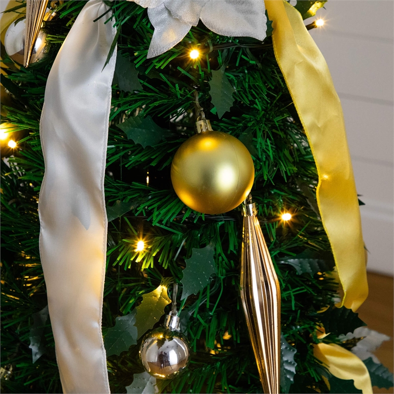 Nearly Natural 5ft Pre-Lit Pop up Christmas Tree with Gold & Silver Ornaments