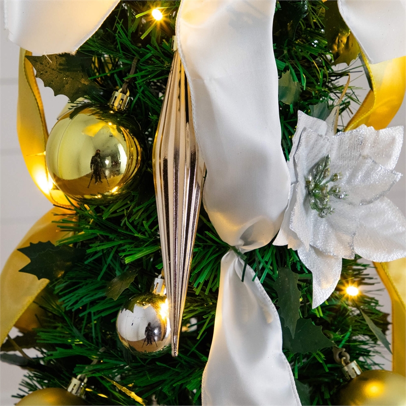 Nearly Natural 5ft Pre-Lit Pop up Christmas Tree with Gold & Silver Ornaments
