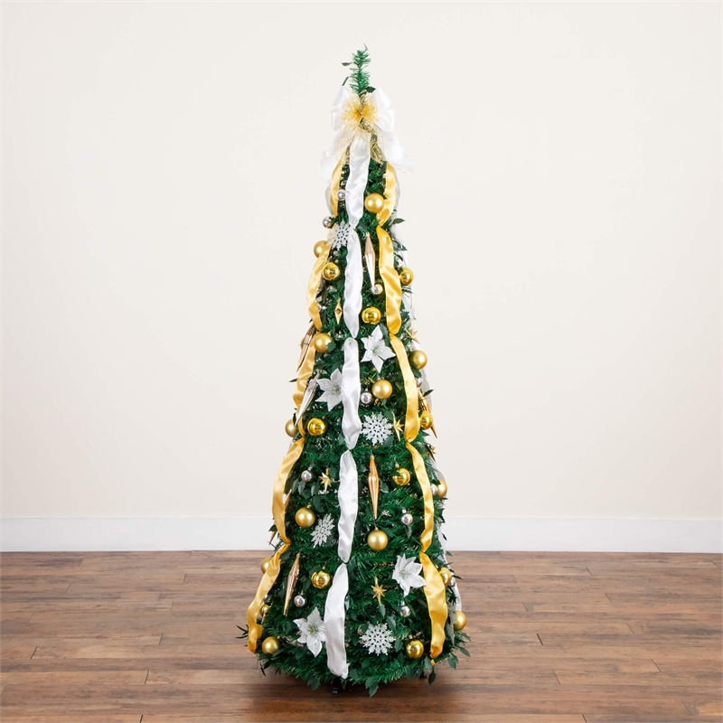 Nearly Natural 6ft Pre-Lit Pop up Christmas Tree with Gold & Silver Ornaments