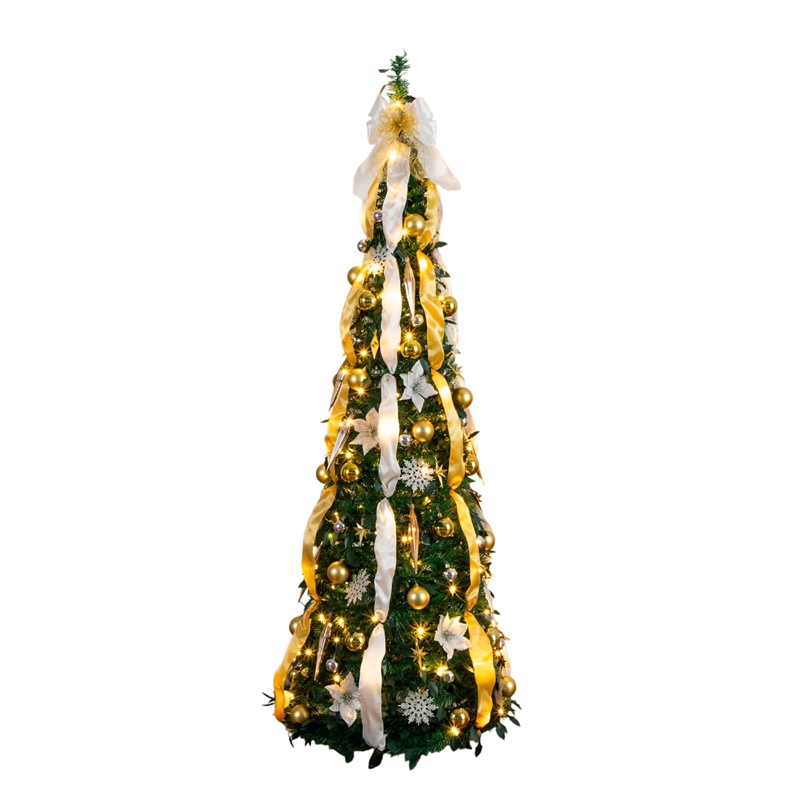 Nearly Natural 6ft Pre-Lit Pop up Christmas Tree with Gold & Silver Ornaments
