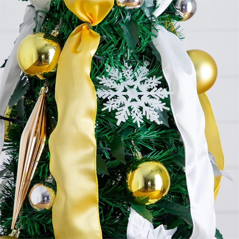 Nearly Natural 6ft Pre-Lit Pop up Christmas Tree with Gold & Silver Ornaments