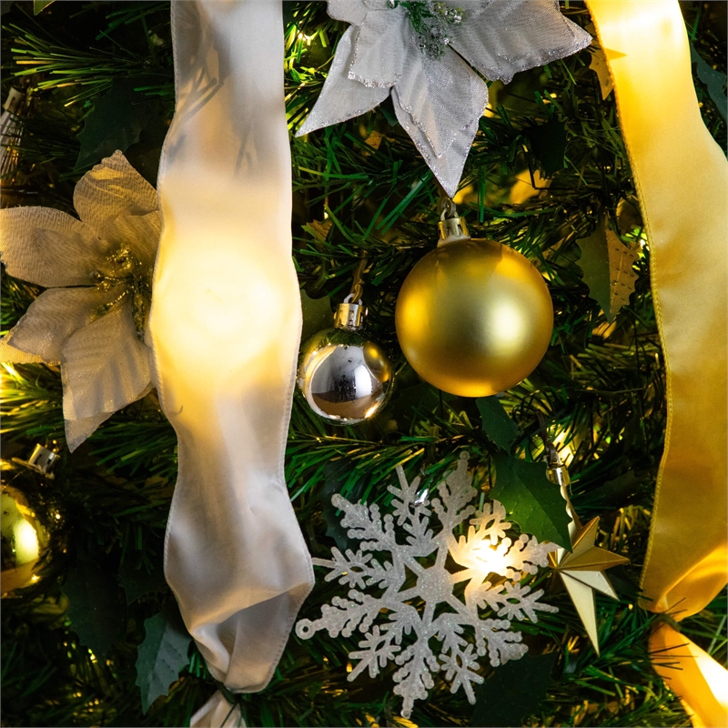 Nearly Natural 6ft Pre-Lit Pop up Christmas Tree with Gold & Silver Ornaments