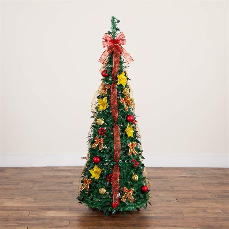 Nearly Natural 5ft Pre-Lit Pop up Christmas Tree with Red & Gold Ornaments