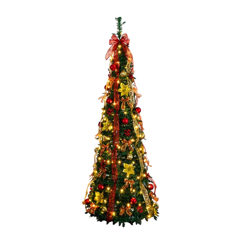 Nearly Natural 6ft Pre-Lit Pop up Christmas Tree with Red & Gold Ornaments