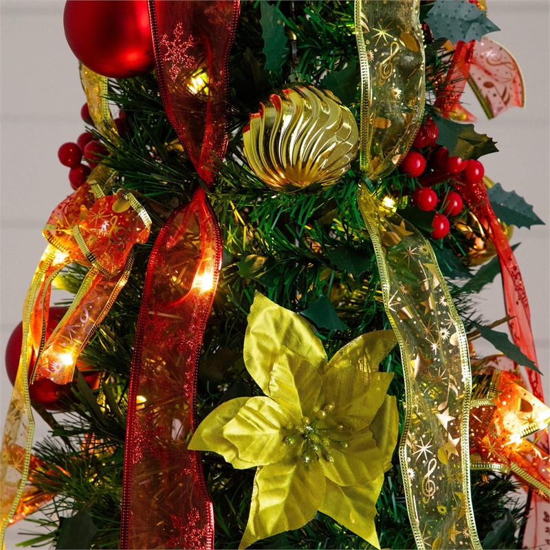Nearly Natural 6ft Pre-Lit Pop up Christmas Tree with Red & Gold Ornaments