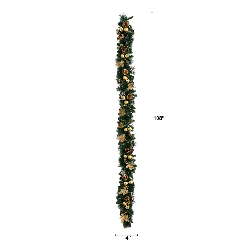 Nearly Natural 9ft Pre-Lit Golden Frosted Christmas Garland w/ 50 Warm White LED