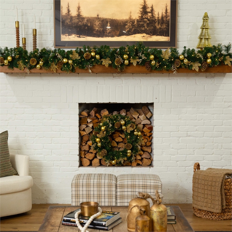 Nearly Natural 9ft Pre-Lit Golden Frosted Christmas Garland w/ 50 Warm White LED