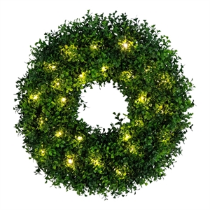Nearly Natural 18&quot Pre-Lit Artificial Boxwood Wreath w/ 25 Warm White LED
