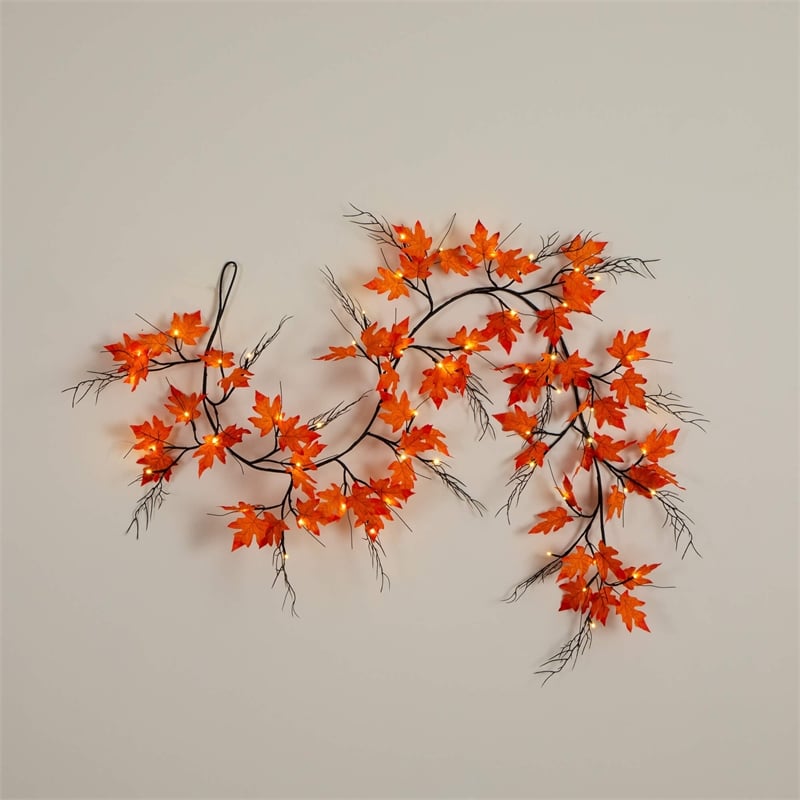 Nearly Natural 6ft Pre-Lit Autumn Maple Artificial Fall Garland w/ 54 LED