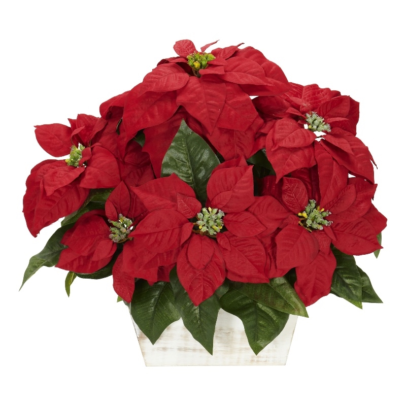 Nearly Natural Poinsettia with White Wash Planter Silk Arrangement in Red