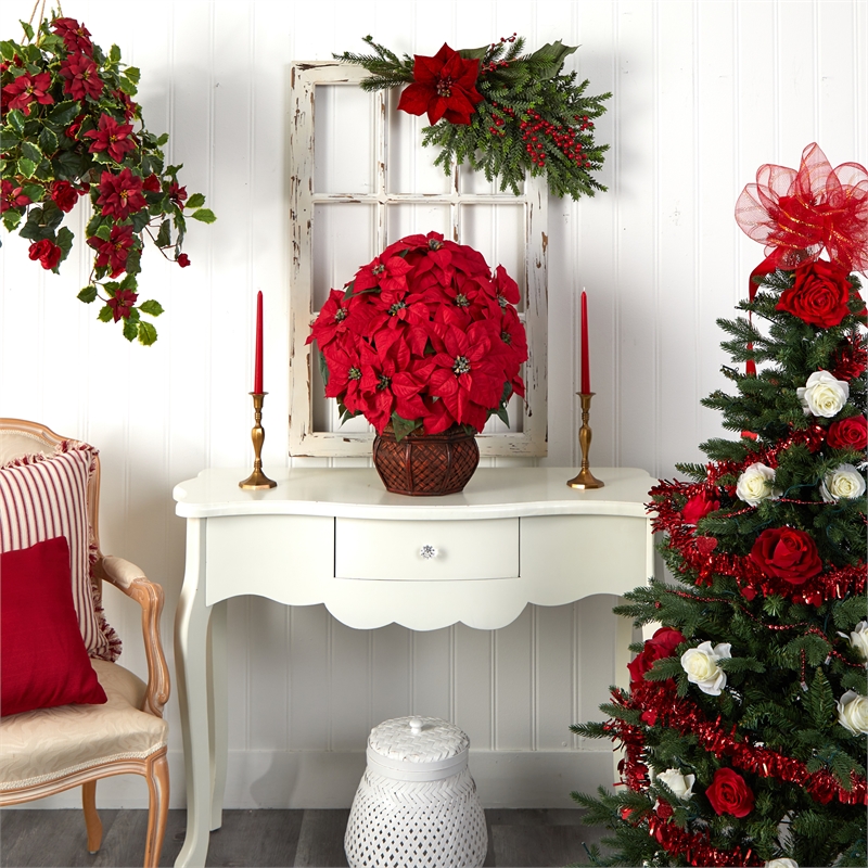 Nearly Natural Poinsettia with Decorative Planter Silk Arrangement in Red