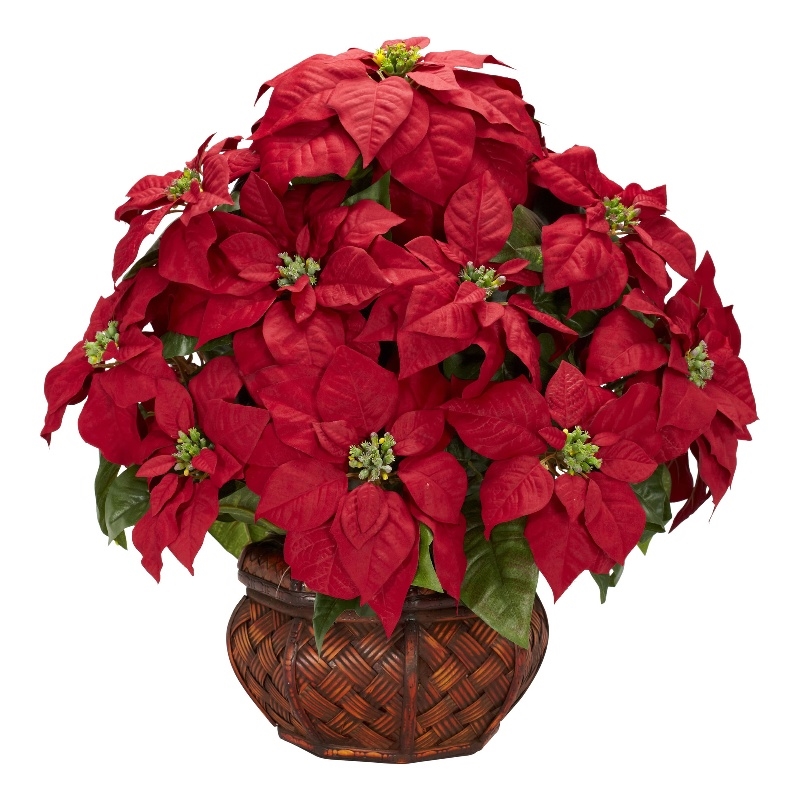 Nearly Natural Poinsettia with Decorative Planter Silk Arrangement in Red