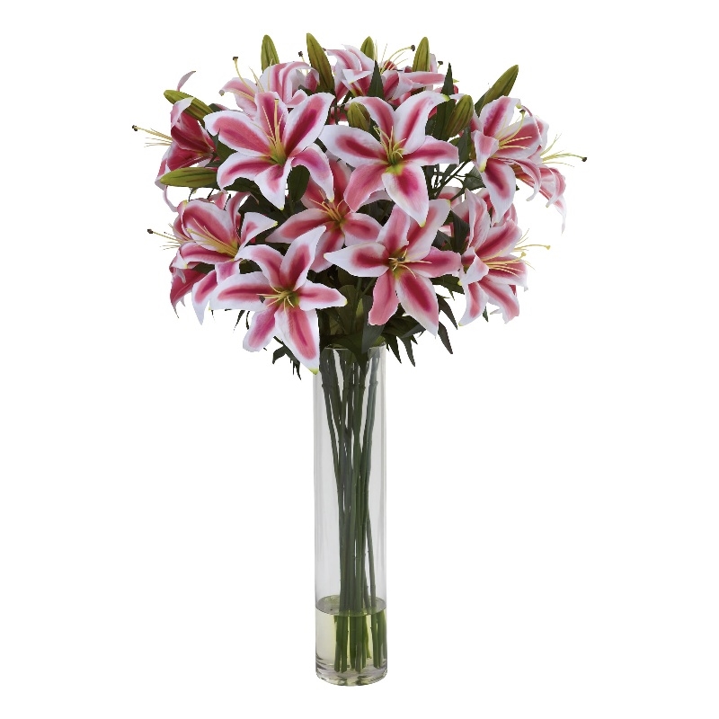 Nearly Natural Rubrum Lily with Large Cylinder Floral Arrangement in Pink