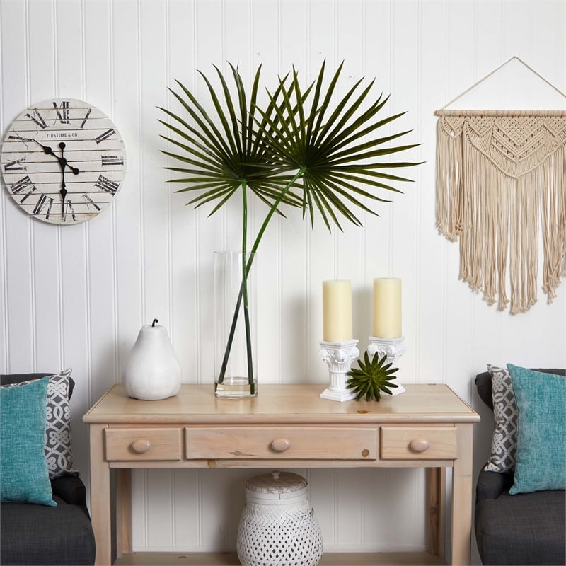 Nearly Natural Fan Palm Artificial Arrangement in Glass Vase in Green
