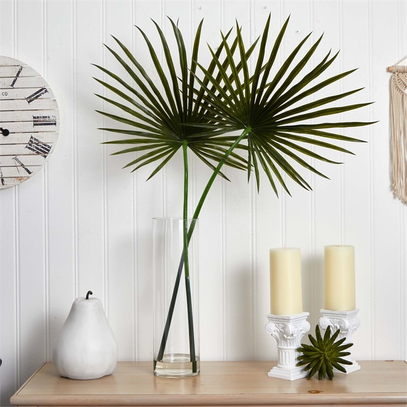 Nearly Natural Fan Palm Artificial Arrangement in Glass Vase in Green