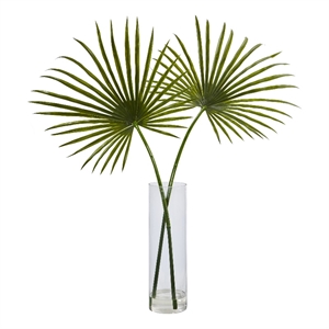 Nearly Natural Fan Palm Artificial Arrangement in Glass Vase in Green