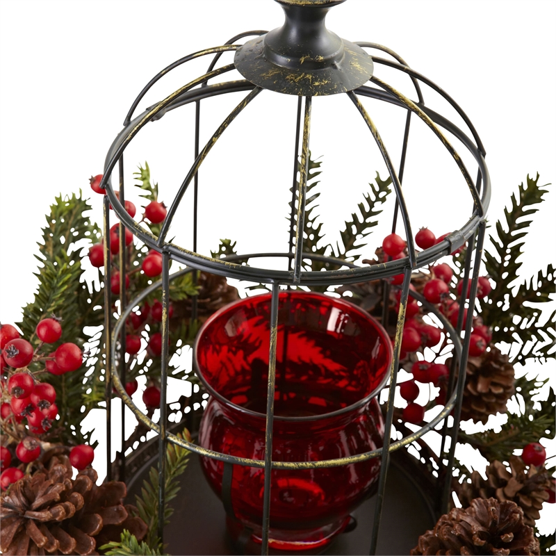 Nearly Natural Pine Berry Birdhouse Candelabrum in Red