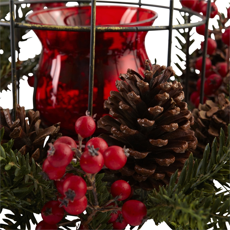 Nearly Natural Pine Berry Birdhouse Candelabrum in Red