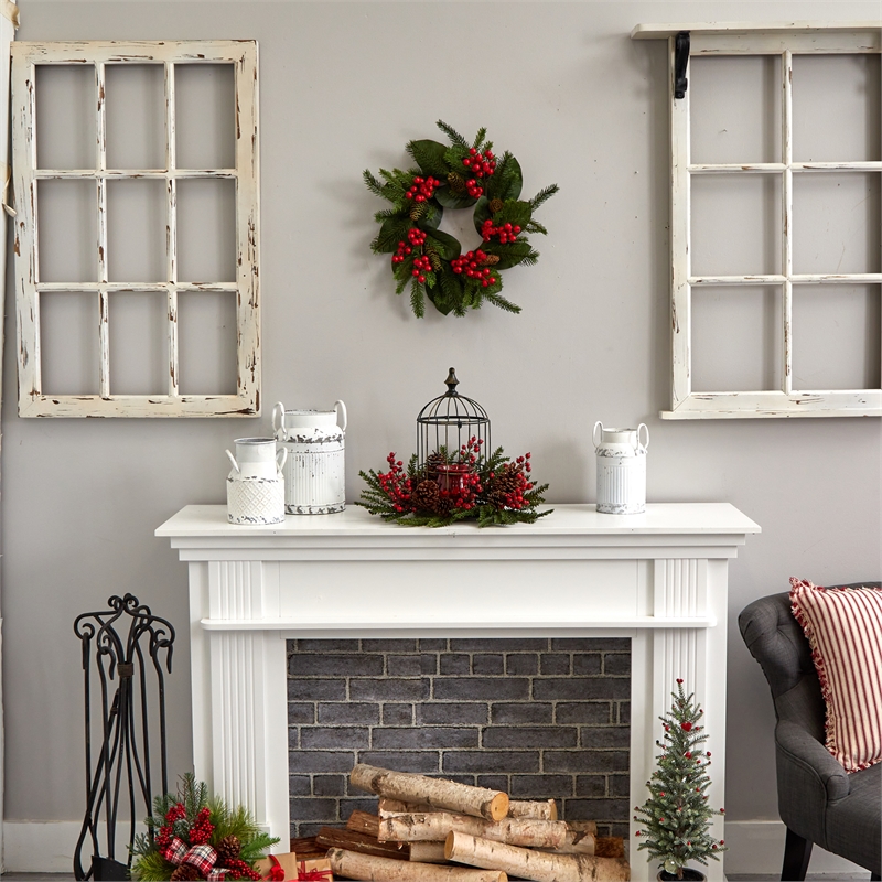 Nearly Natural Pine Berry Birdhouse Candelabrum in Red